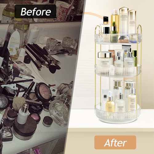 360 Rotating Makeup Organizer for Vanity,3 Tier Large Capacity Skincare Organizers,Bathroom Counter Organizer, transparent Spinning Perfume & Vanity Organizer (White, 3 Tier)