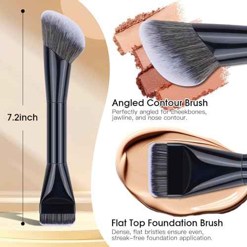 Dual-Ended Makeup Brush,Flat Top Foundation & Angled Contour Brush for Flawless Blending, Smooth Coverage & Effortless Contouring, Ideal for Foundation, Blush, Bronzer & Powder (Black)