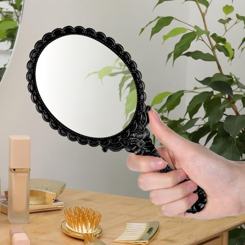 2 Pack Vintage Hand Mirrors with Ergonomic Handle - Black & Antique Gold