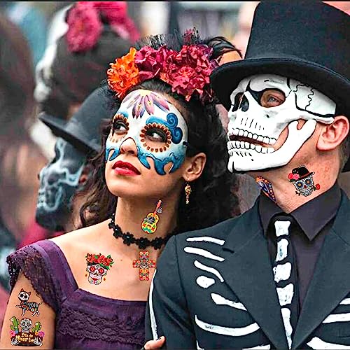 Day of the Dead Temporary Tattoos, 96pcs Sugar Skull Face Stickers
