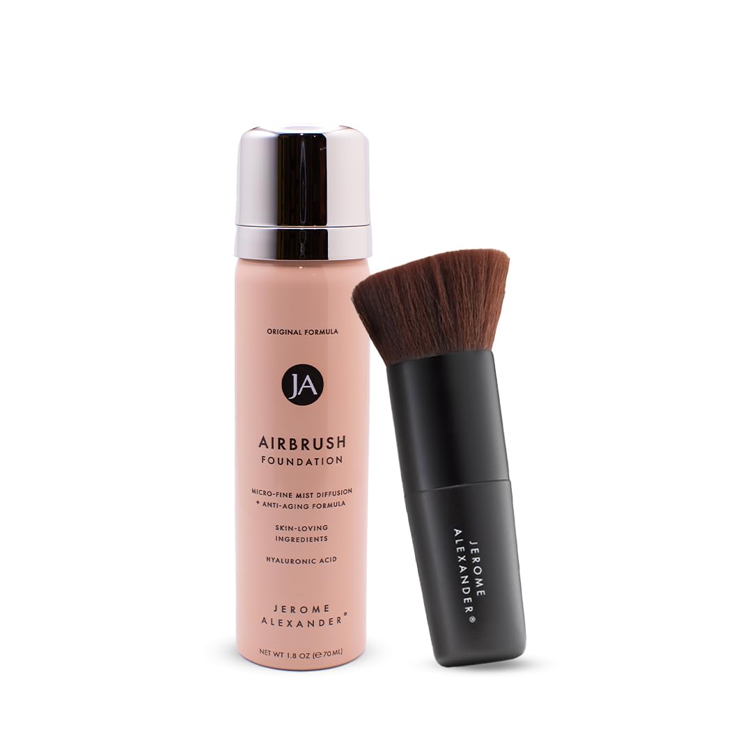 MagicMinerals AirBrush Foundation by Jerome Alexander – 2pc Set with Airbrush Foundation and Kabuki Brush - Spray Makeup with Anti-aging Ingredients for Smooth Radiant Skin - Bright Light