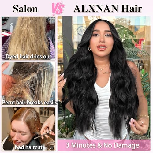ALXNAN Clip-In Wavy Hair Extensions 20 Inch 4pc Set Black