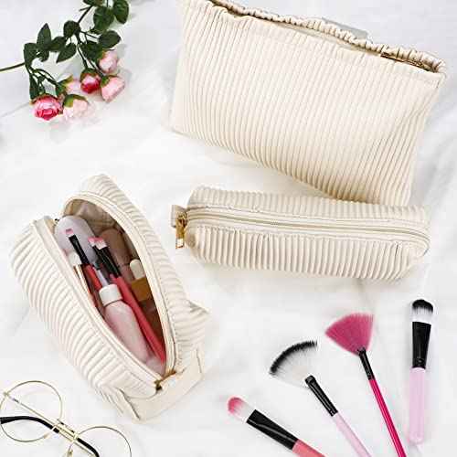 Talltalk 3 Pcs Cosmetic Makeup Bag for Women Portable Travel Toiletry Cosmetic Pouch Cute Bag Accessories Brushes Storage Organizer for Daily Use, 3 Sizes(Pu Leather,Elegant)