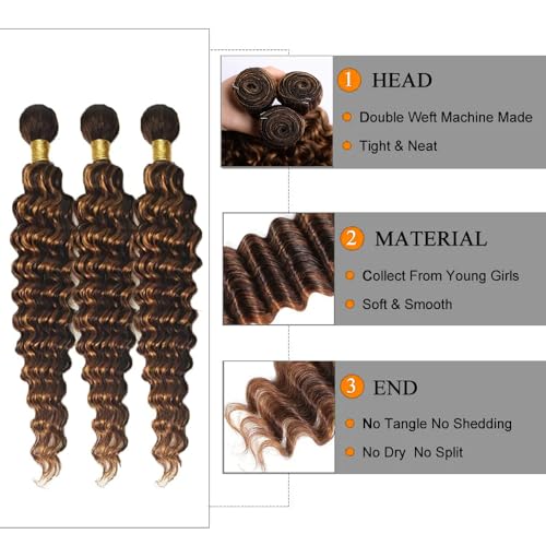 WuvuSnm P430 Ombre Brown Deep Wave Human Hair Bundles 20-24"