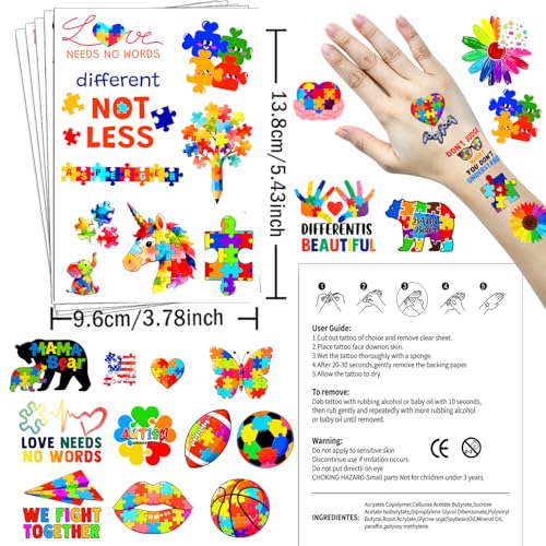 20 Sheets 172 Pcs World Autism Awareness Ribbon Temporary Tattoos Inspirational Autistic Tattoos for Inspirational Autism Awareness Accessories Fundraiser Event Party Decor