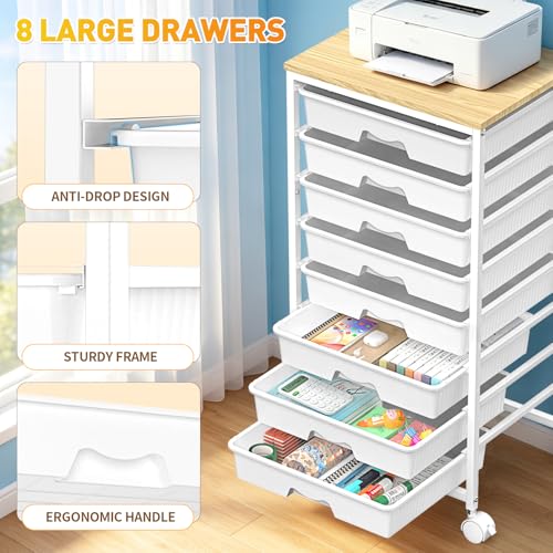 White SUNALLY 8-Drawer Rolling Cart for Craft Storage with Wooden Top