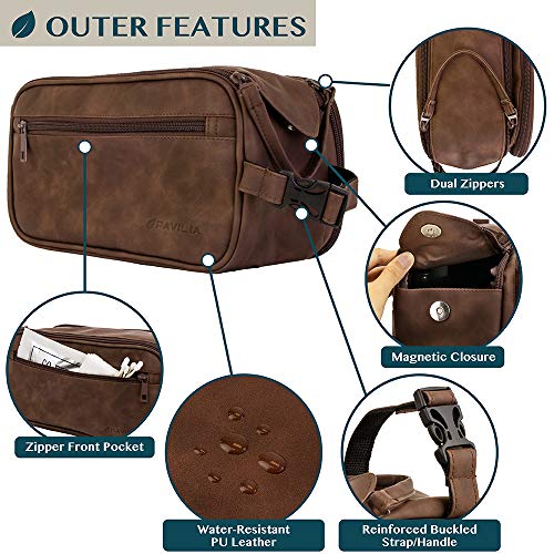 PAVILIA Men's Toiletry Bag, Water Resistant Dopp Kit Dark Brown