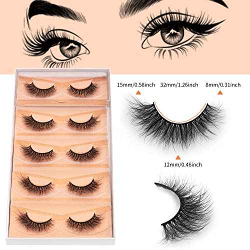 DYSILK Wispy Lashes False Eyelashes - Mink Lashes 5 Pairs 6D Faux Eyelash Extension False Eyelashes Mink Lash Natural Look Fake Eyelash Reusable Strip Lash Kit | Wispy-10-15mm