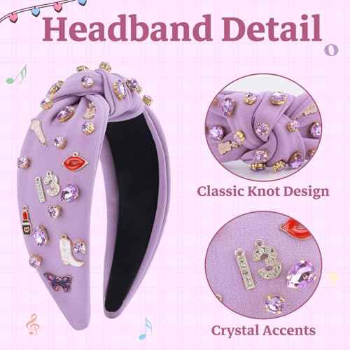 Music Jeweled Knotted Headband for Women, Guitar Red Lip Microphone Rhinestone Crystal Embellished Top Knot Hairband, Fashionable Hair Accessories for Singer Fans Birthday Concert Gift (Purple)