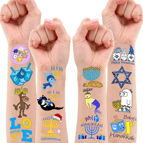 Cute Hanukkah Temporary Tattoos 10 Sheets 100 PCS Kwanzaa Party Decorations Favors Supplies Hanukkah Theme Birthday Stickers Halloween Gifts for Boys Girls Kids Class School Prizes Carnival Christmas