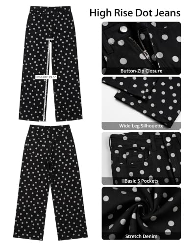 High Waisted Polka Dot Wide Leg Jeans for Women - Stretch Denim