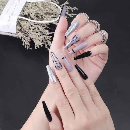 DOUBNINE Press On Nails Long Coffin Black Silver Leaf French Glossry Acrylic False Nails with Glue Ballerina Luxury Full Cover Stick On Nails for Women