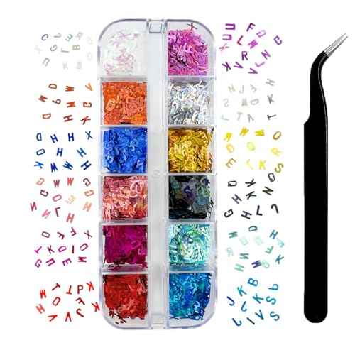 12 Colors Letter Nail Glitter Sequins 3D Holographic Alphabet Nail Flakes Designs, Letters Nail Art Sequins Supplies for Women Girls Acrylic Nails Manicure Charms Decorations DIY Shiny Letter Resin¡¦