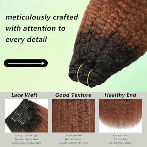 Yaki Straight Clip in Hair Extensions Real Human Hair Ombre Brown 100% Unprocessed Brazilian Virgin Hair Clip Ins Kinky Straight Hair Clip ins for Women 8pcs with 18 Clips 120g Per Set (24 Inch)