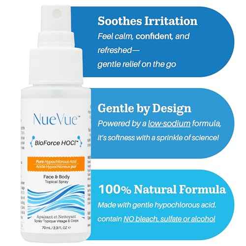 BioForce HOCl - Pure Hypochlorous Acid Spray for Face Travel Size Toner & Cleanser - Made in Canada - Acne-Prone Skin & Eczema, Piercing aftercare, pH Balanced, Non-comedogenic - NueVue (2.3 oz)