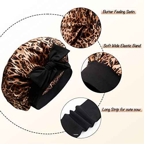 Silky Satin Hair Bonnet Night Cap Hair Cover for Black Women with Soft Stretchy Tie Band - Jumbo Satin Sleep Cap (Black & Leopard)
