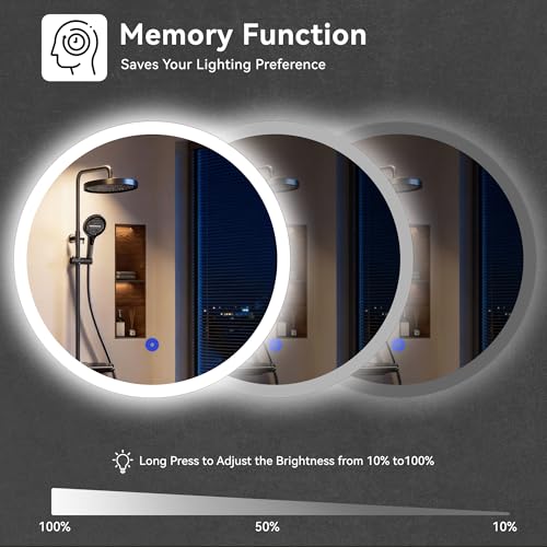 Aurogsky 20” x 20” LED Bathroom Smart Mirror, Round Backlit Vanity with Three Color Temperatures & Memory Function