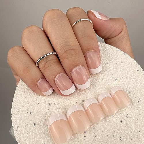 CurvLife Short Square French Tip Press-On Nails, Edge White, Soft Gel, Natural Variation