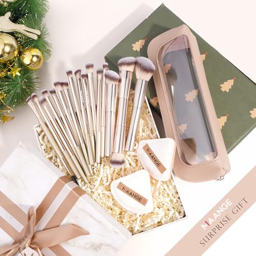 MAANGE Makeup Brush Set 19 PCS Travel Makeup Brushes Eyeshaowder Powder Concealers Foundation Professional Make Up Brush Set with Case (Gold)