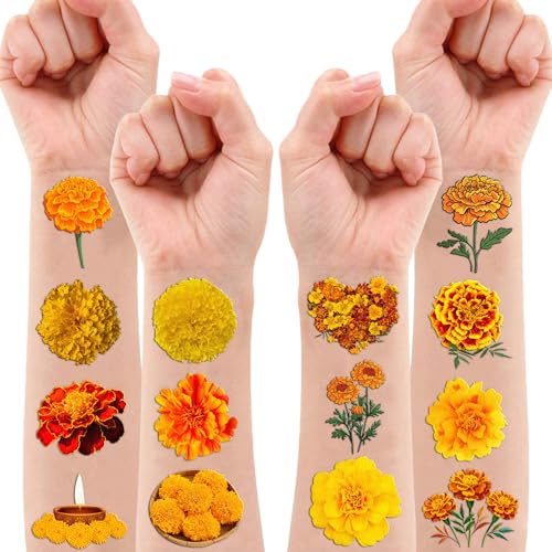 100 PCS Marigold Flower Temporary Tattoos | Day of Dead