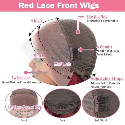 99J Burgundy Wig Human Hair 13x4 Body Wave Lace Front Wigs Human Hair 180 Density Pre Plucked Glueless Wine Red Colored Lace Front Wig for Women 20 Inch