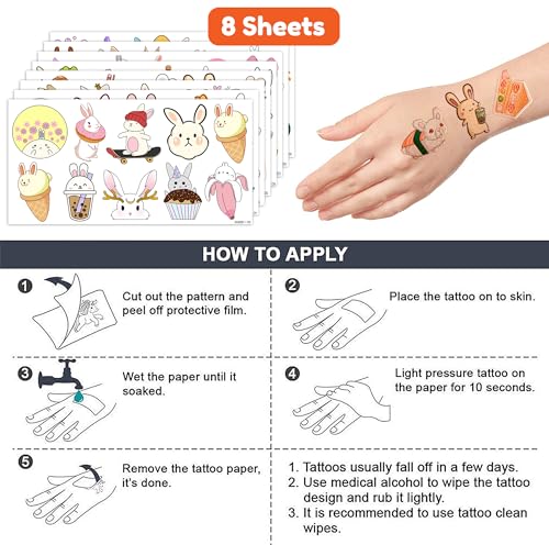 Bunny Temporary Tattoos for Kids - 85 PCS (8 Sheets)
