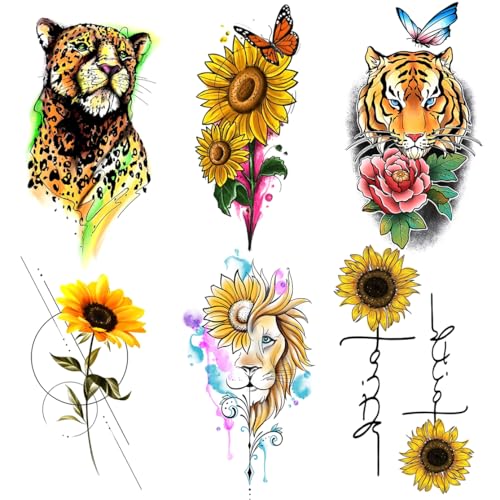 6 Sheets Tiny Small Temporary Tattoos For Women Men Finger Hands Neck Wrist Face, Cute Long Lasting Cartoon Fake Tattoo Stickers For Kids Boys Girls Leopard Tiger Lion Sunflower Butterfly