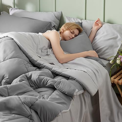 Bedsure California King Comforter Set - 7 Pieces Reversible Bed in a Bag California King with Comforters, Sheets, Pillowcases & Shams, Grey Bedding Sets