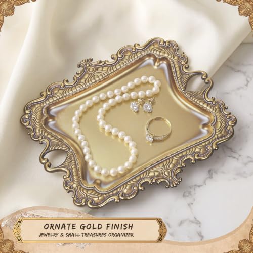 Vintage Gold Mirror & Jewelry Tray Set - 3 Piece