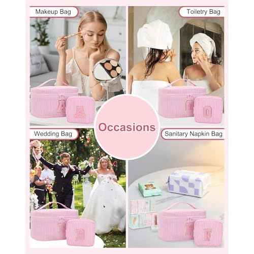 Initial Makeup Bag Set for Girls&Women,Monogram Cosmetic Bag with Brush Holder,Personalized Make Up Case for Girlfriend Graduation Teacher Gifts,Cute Toiletry Bag Preppy Chenille Letter Patch,Pink A