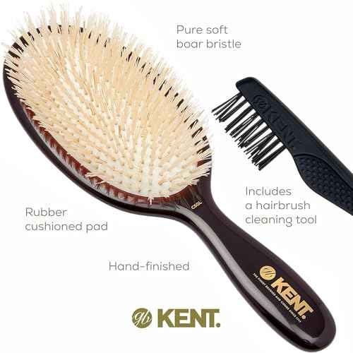 Kent CSGL 9" Large Oval Cushion Straightening Brush and Scalp Brush ? Natural White Boar Bristles Hair Brush for Fine or Thinning Hair ? Large Cushion Shine & Smoothing (+ Hair Brush Cleaner)