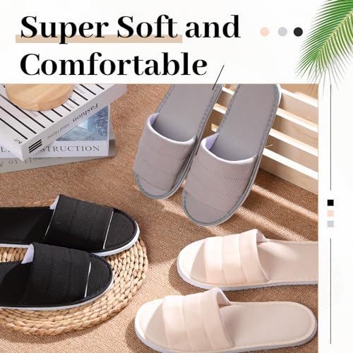 Breathffy 6 Pairs Disposable Slippers Bulk for Guests Comfortable House Spa Slippers Hotel Indoor Travel Slippers Women Men(Gray, Khaki, Black, Open Toe)