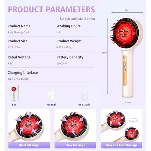 Hair Growth Comb,Electric Scalp Massager Comb,IPX7 Waterproof,Portable for Home & Travel,White