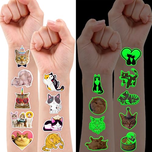 96 PCS Super Cute Cat Cats Pet Pre-Cut Luminous Glow in the dark Temporary Tattoos for Kids Themed Birthday Party Supplies Favors Decorations 8 Sheets Fake Tattoo Stickers Gifts for Boys Girls Rewards