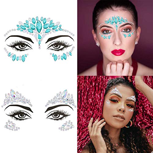 Rhinestone Face Gems Mermaid Face Jewels Rave Party Crystal Body Eyes Jewel Temporary Halloween Face Stickers for Women and Girls 2PCS