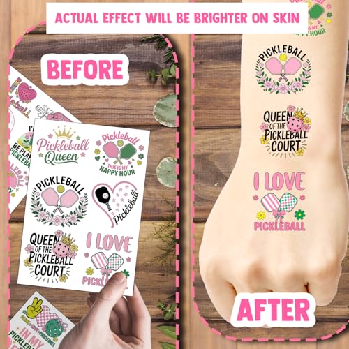 164Pcs Pink Pickleball Stickers Temporary Tattoos for Pickle Birthday Decorations, Hypoallergenic Green and Pink Pickleball Themed Party Decorations