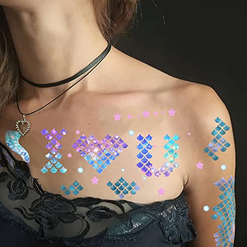 Mermaid Scale Temporary Tattoos Stickers, 12 Sheets