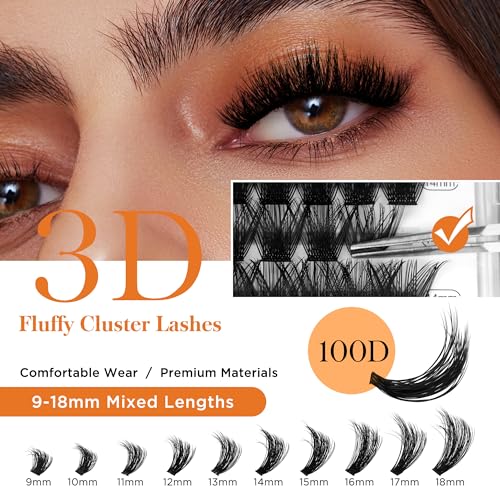 BEYELIAN Fluffy Cluster Eyelash Extensions 100D 280 Pcs Thick Dramatic Lash Clusters Wispy 3D Volume 9-18mm DIY Cluster Lashes Black Band Eyelash Extension Easy to Apply at Home