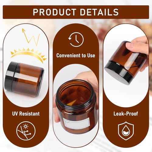 4oz Amber Glass Jars with Lids 2Pack, Small Salve Containers with Inner Seal for Creams, Candles,Accessories and DIY Lotions, White Stickers Included