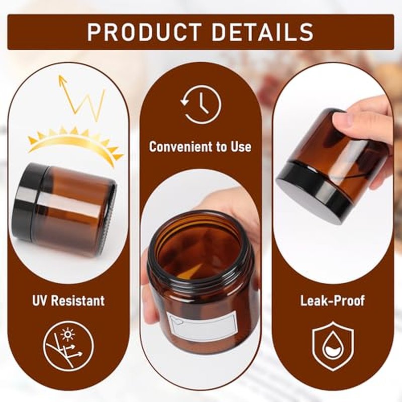 4 oz Amber Glass Jars 2 Pack with Black Lids & Inner Liners