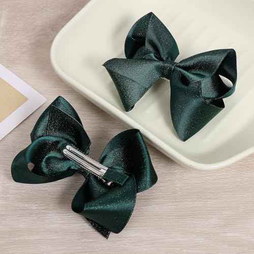 4inch Christmas Dark Green Hair Bow Clips Glitter Ribbon Bowknot Alligator Barrettes Hairpins St Patricks Holiday Party Dress Decor Accessory Gift for Toddler Girls Child Xmas Gift