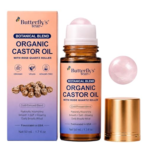 Organic Castor Oil Roll-On with Rose Quartz Roller - 50ml, Pure & Cold-Pressed
