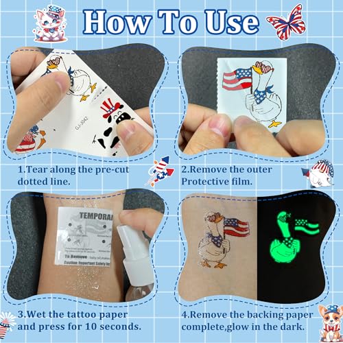 108 Glow in the Dark 4th of July Temporary Tattoos for Kids