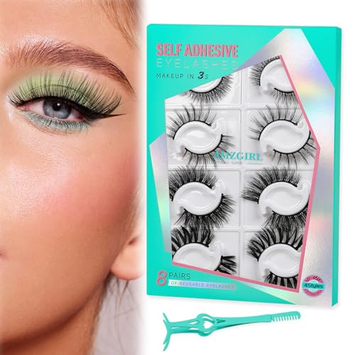 Self Adhesive Eyelashes No Glue Needed, Lash Clusters 8 Pairs Reusable Adhesive Eyelashes,Waterproof Wispy Lashes with Tweezer for Lash Extension at Home by AMZGlRL(4styles-06 D-mix 8-17mm)