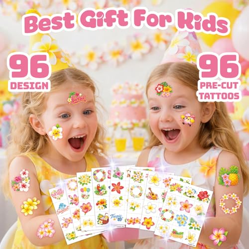 96 PCS Plumeria Hawaiian Flower Temporary Tattoos - Kids Party Favors