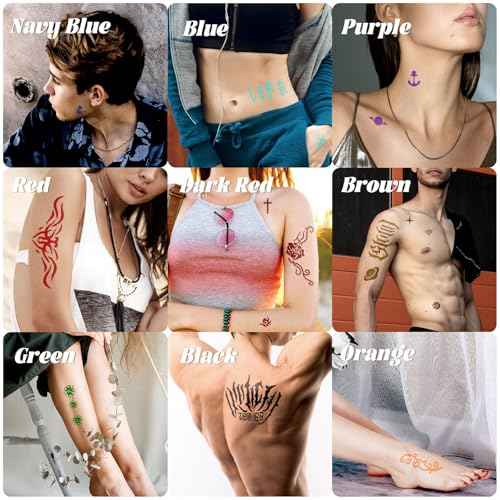 12 Bottles Temporary Tattoo Ink Kit with 130 Tattoo Stencils Designs, 9 Colors (3 Black,2 Red,1 Dark Red,Brown,Blue,Navy Blue,Purple,Green,Orange),Body Art DIY Gifts Set Fun for Kids Adults
