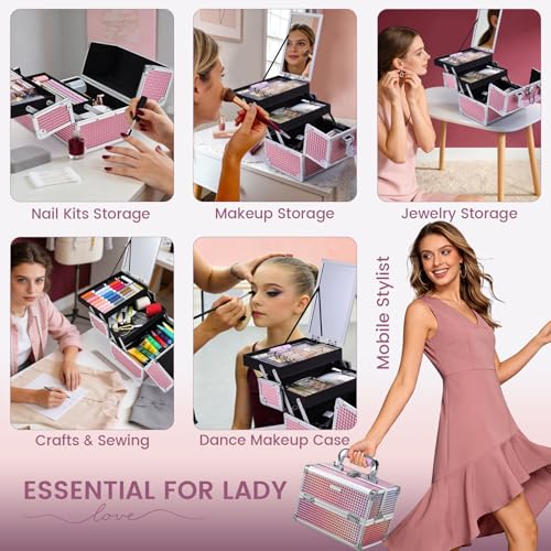 Joligrace Makeup Train Case Makeup Case Organizer Portable Cosmetic Box Storage with 2 Trays Mirror Locking Make Up Travel Case for Nail Kits Cosmetics Craft Traveling Makeup Box Mermaid Pink