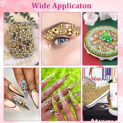 Belleboost Gold Flatback Pearls for Nails - 6 Sizes Nail Art Kit with Tools
