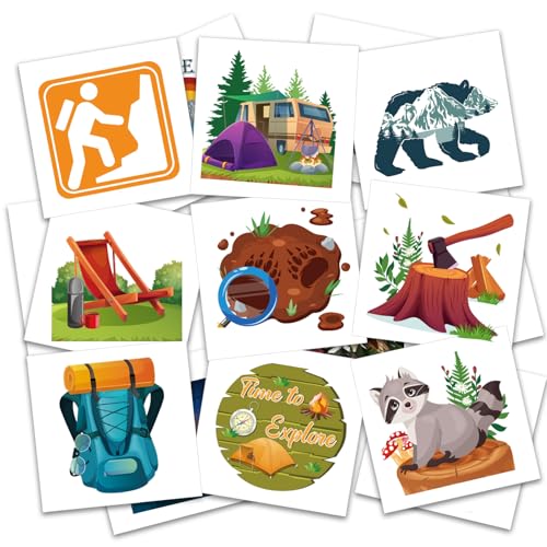 96pcs Camping Temporary Tattoos,Funny Camp Themed Fake Tattoo Stickers for One Happy Camper Birthday Party,Camping Party Favors Supplies Decorations