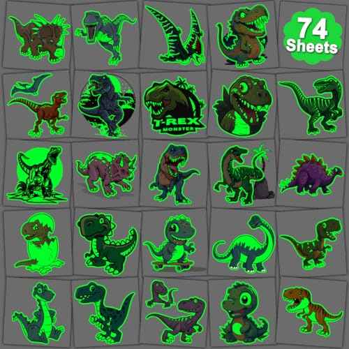 Glow in The Dark Dinosaur Temporary Tattoos for Kids - 74 Individually Sheets Luminous Dinosaur Tattoos for Boys Birthday Party Favors Goodie Bag Fillers